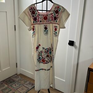 Hand made birds hand embroidered long Mexican dress colorful short sleeves